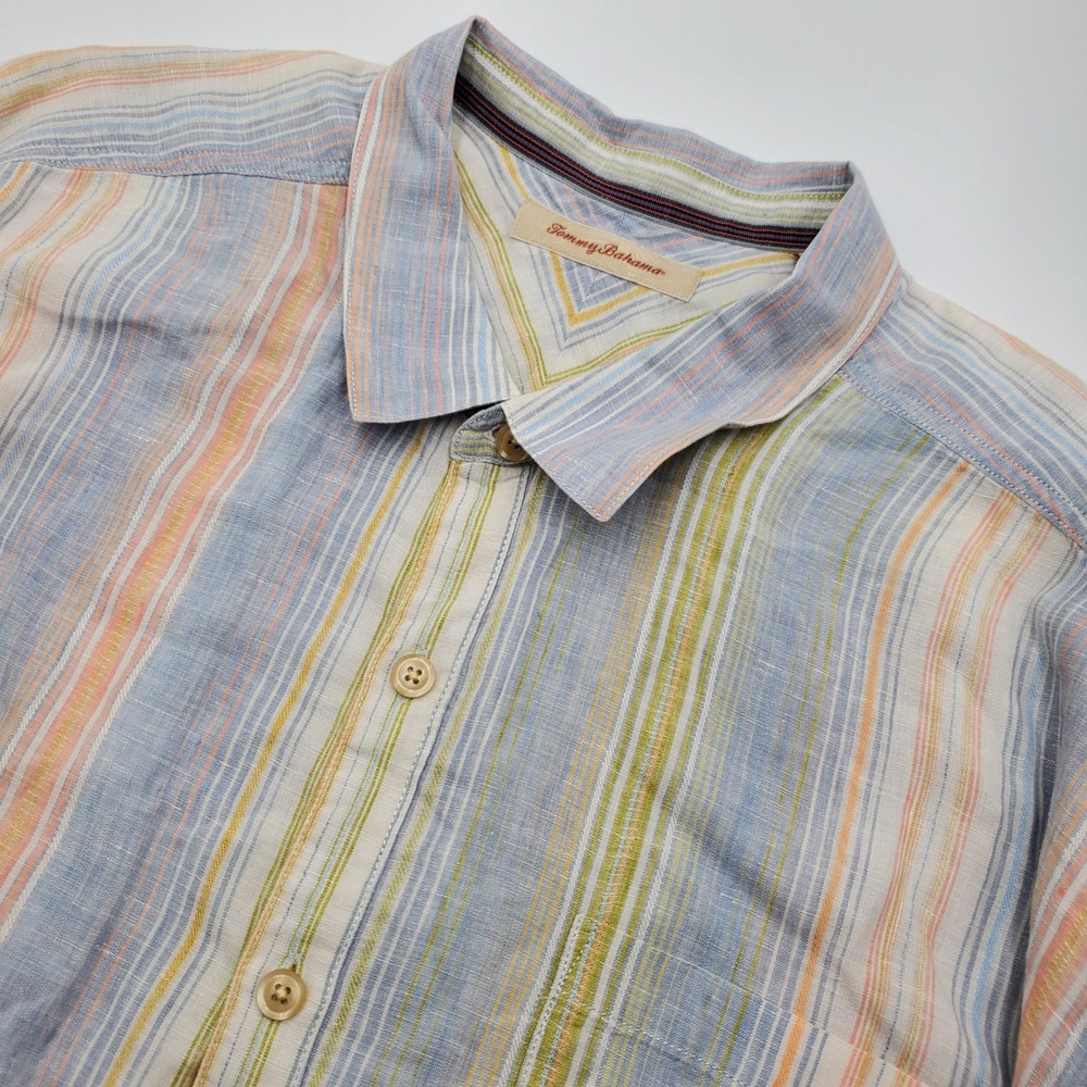 Tommy Bahama Mens 3XB Linen Short Sleeve Striped Button Up Camp Shirt Blue Green